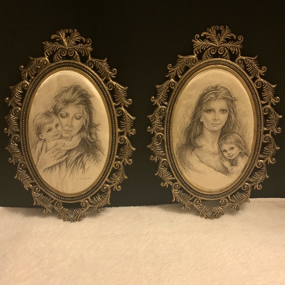VTG Brass Frame Hand painted portrait on silk 1950